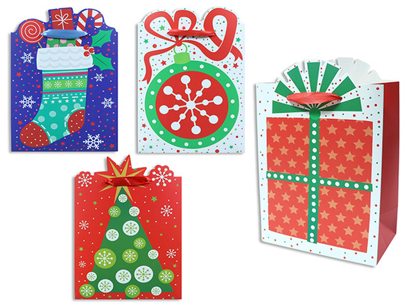 Gift Bags Jumbo, Xmas Matte Die-Cut Edge. PP Handle. 4 Asst. J-hook., MOQ:12
