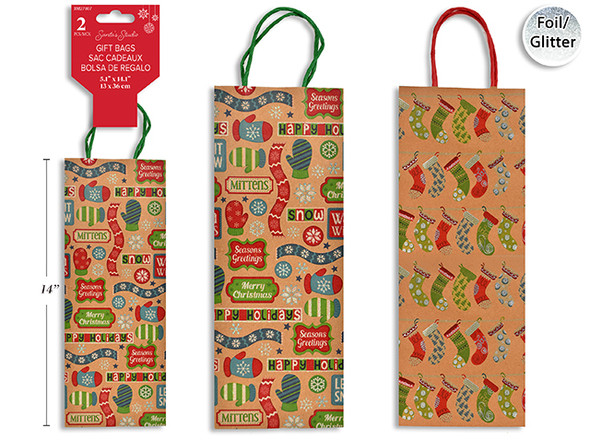Gift Bags Bottle 2pk Xmas Kraft Glitter w/Twisted Paper Handle. 1-Glitter + 1-Foil Label MOQ:12