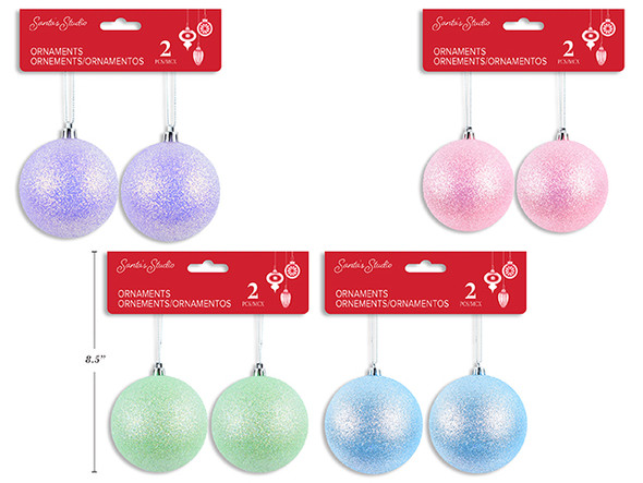 Ornaments-Balls 2pk 80mm Xmas Pastel Glitter 4 Asst: Blue / Purple / Green / Pink. h/c., MOQ:24