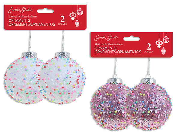 Ornaments-Balls 2pk 60mm Xmas Candy Shop Multi-Coloured Sprinkled Tinsel Hanger. 2 Cols. h/c., MOQ:24