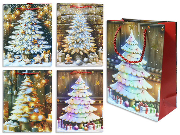 Gift Bags Medium Matte Goil Foil Hotstamp Xmas Tree PP Handle. 4 Asst. J-hook., MOQ:12