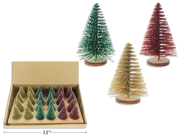 Tabletop Decoration-Glitter Xmas Tree on Wooden Stand 3.25in Snow Dusted 3 Asst. 24/ Dsp., MOQ:24