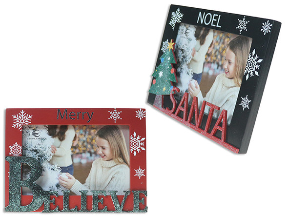 Photo Frame w/ Stand 7.4in x 5.5in Xmas Glitter Tip-On Fit 4in x 6in Photo. 2 Asst. Col. Label. English Only, MOQ:12