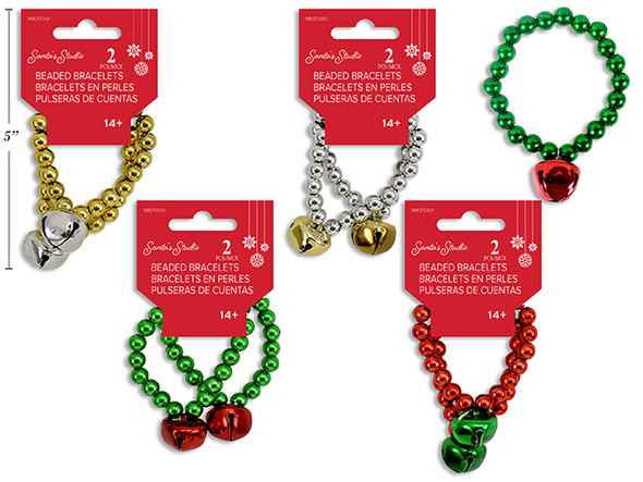 Bracelet 2pk Beaded Jingle Bell 4 Asst. Gold/ Silver/ Red/ Green. h/c., MOQ:12