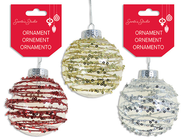 Ornament-Clear Ball 80mm Xmas Swirled Confetti Glitter Tinsel Hanger. 3 Cols. h/c., MOQ:24