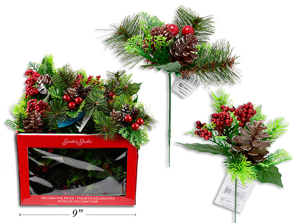 Picks-Pine Cones w/Holly Berries 7in 2 Asst.Styles. 36/Display., MOQ:36