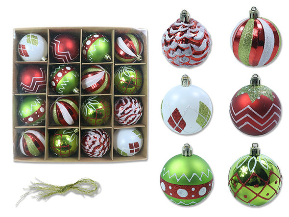 Ornament Set/16 60mm Matte + Shinny Glitter Tinsel Hanger Window Box + Colour Label., MOQ:6
