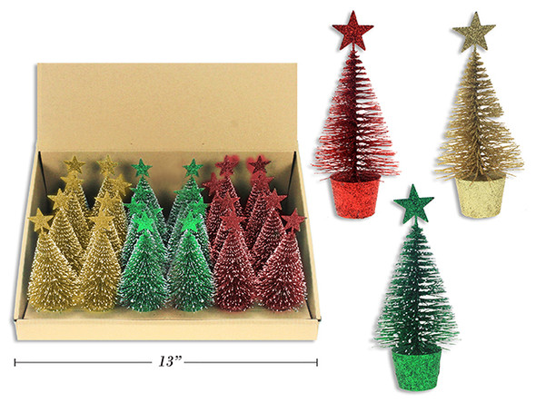 Tabletop Decoration-Glitter Xmas Tree on Wooden Stand  w/Star Topper  6in Snow Dusted/  24/ Dsp., MOQ:24