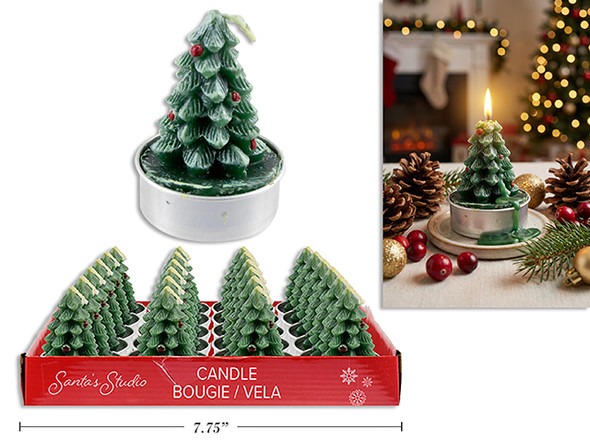 T-Light Candle 1.5in(D) x 2-1/8in(H) Xmas Snow Dusted Tree 12/Dsp., MOQ:12