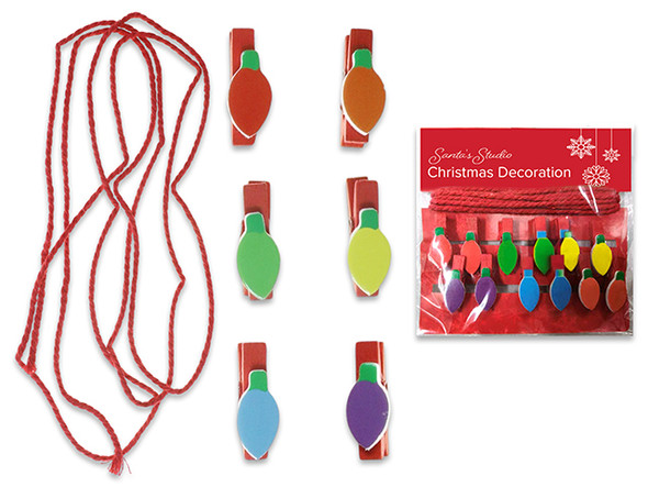 Hanging String-12pcs Xmas Mini ClothPins + 6.6ft (2m) Red Hanging String. Polybag w/Insert., MOQ:12