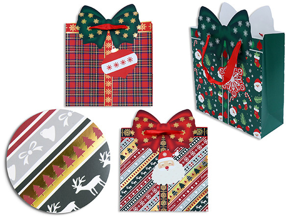 Gift Bags Large, Matte Gold Holographic Xmas Present w/Die-Cut Bow. PP Handle. 4 Asst. J-hook., MOQ:12