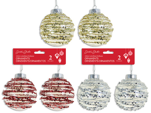 Ornament-Clear Ball 2pk 60mm Xmas Swirled Confetti Glitter Tinsel Hanger. 3 Cols. h/c., MOQ:24