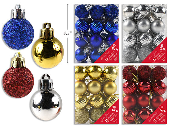 Ornament Assortment-Xmas Balls 12pk 30mm 4 Cols: Red / Blue / Gold / Silver. PVC Box w/Label., MOQ:24