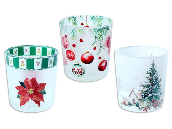 Candle Holder Glass 3.15in(H) Vintage Print Frosted. 3 Asst. Styles., MOQ:24