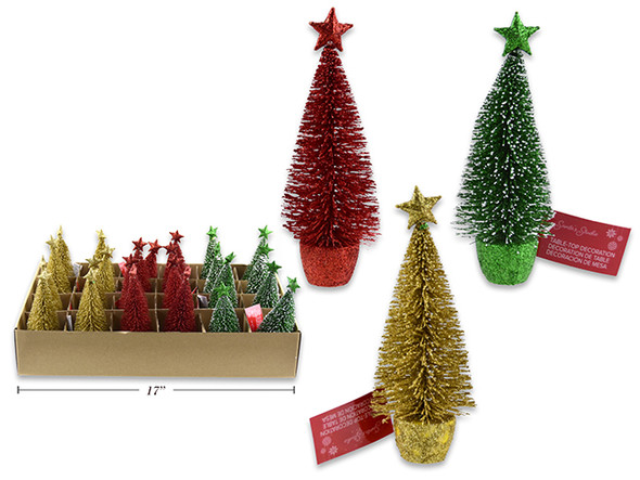 Tabletop Decor-Glitter Xmas Tree on Wooden Stand w/ Star Topper 7.5in Snow Dusted 24/ Dsp., MOQ:24