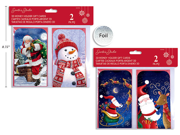 Giftcard w/Foil Hot Stamping 2pk Xmas 3-D Tip-On Money Holder  2 Asst./PK. 2 Asst.Families. Pbh., MOQ:12