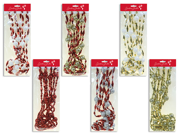 Garland w/Glitter Foam Balls 9ft Xmas Bicone Beaded  6 Cols. h/c., MOQ:24