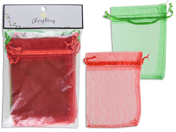 Drawstring Bags-Organza 10pk 5.25in x 4in 2 Cols/Pack: Red + Green. Pbh., MOQ:12