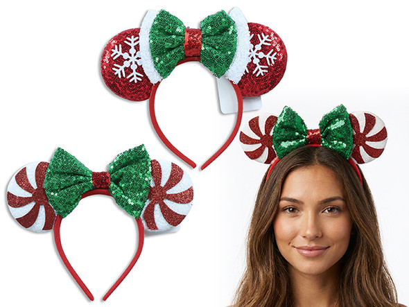 Headband w/ Tip-on Bow 8.6in x 7.9in Xmas Sequin 2 Asst: Candy Cane / Snowflake. Wrap Header., MOQ:12