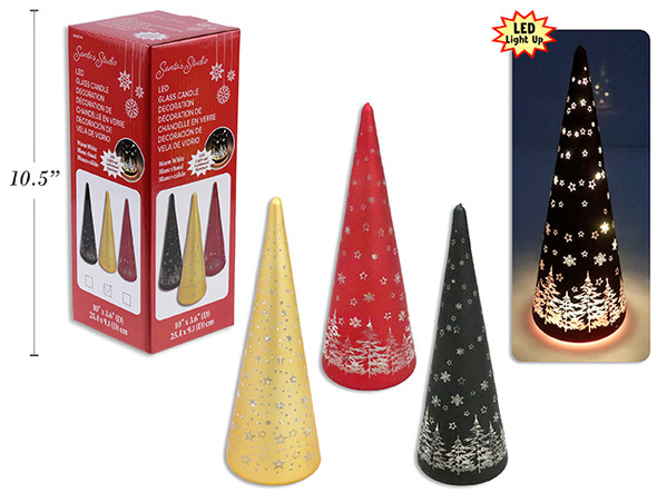 Tree-Glass Snowy Scene 10in(H) x 3-5/8in(D) Xmas B/O 10-LED  Warm White. 3 Asst. Colour Box., MOQ:4