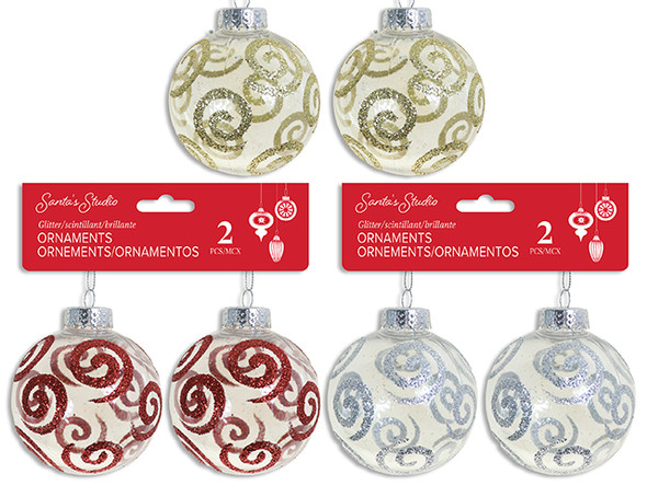 Ornament-Clear Ball 2pk 60mm Xmas Glitter Swirl Outline Tinsel Hanger. 3 Cols. h/c., MOQ:24