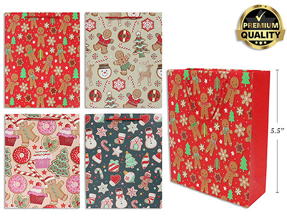 Gift Bag Small Gingerbread Matte Premium Silk Screen Glitter . 4 Asst. Rope Handle. J-Hook., MOQ:12