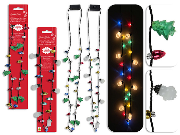 Necklace 34in B/O 8-LED Flashing Xmas Characters, 3 Functions. 2 Asst. Polybag w/Insert., MOQ:12