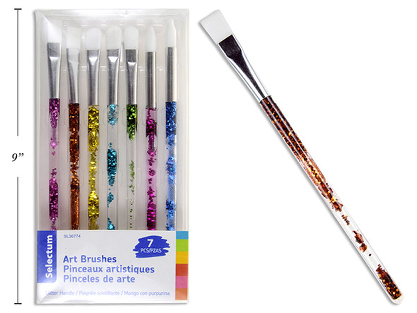 Brush Set Assorted Round & Flat Tips w/Glitter Handle 7ct.
