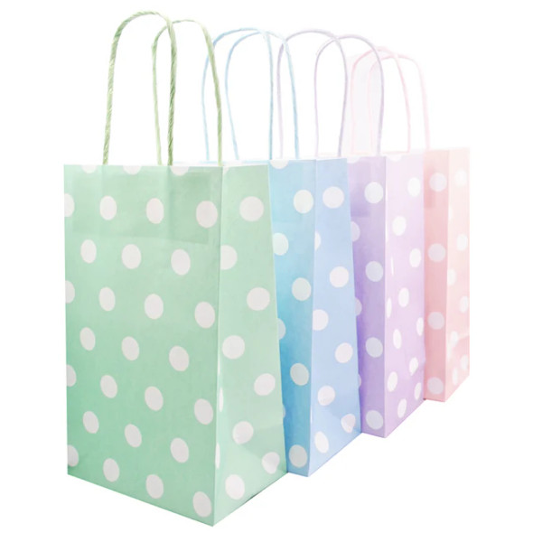 Gift Bags Kraft Polka-Dots Medium Pastel Colors 12ct