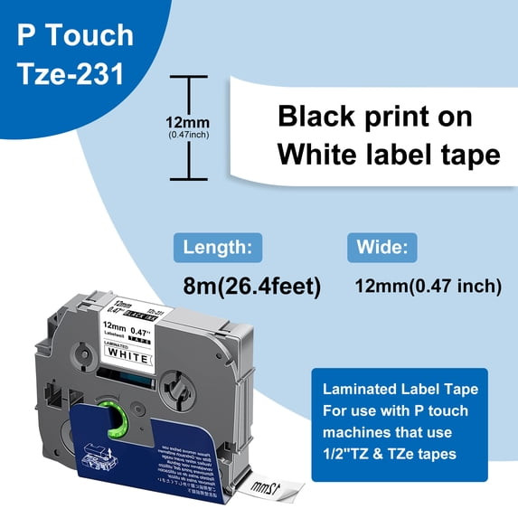 Labeling Tape TZE-231 Black Print on White Tape (1/2") 7ct.