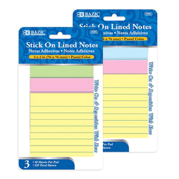 Stick On Notes 3"x 3" Lined (40 Sheets Per Pad) 3ct.