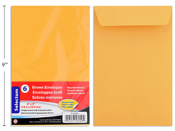 Kraft Envelopes Peel & Seal  6 x 9"  6ct.
