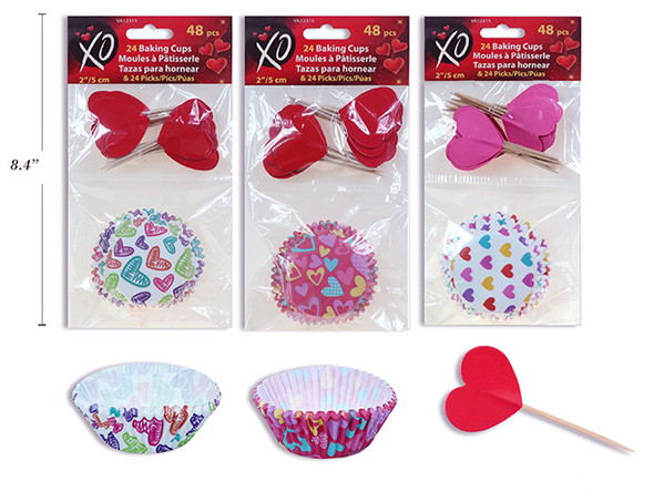 48pk Vtine 2in Baking Cups w/Picks.3 Asst.Styles. Incl: 24pcs Baking Cups & 24pcs Picks. Pbh.