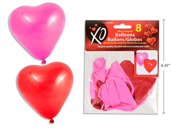 8pk 12in Heart Shaped Balloons. 2 Asst.Cols: Red/Pink. Foldable h/c.