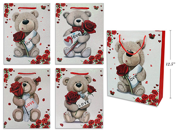 Gift Bags Love Bear Matte w/Glitter-Large (Paper Handle) 4 Styles