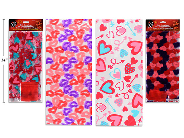 20pk 11in x 5in Valentine Cello Candy Bags Incl: 20 Twist Ties. 2 Asst.Styles, pbh