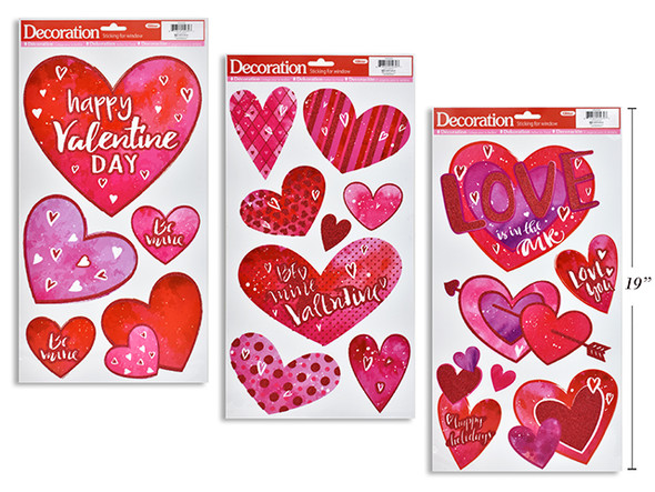 Valentine Glitter Window Cling. Sheet Size: 17in (L) x 9-3/8in (W). 3 Assorted. English Only