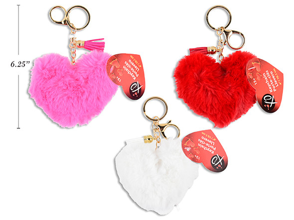 4in Fabric Heart Pillow Keychain w/ Tassels. 3 Asst. White/ Fuchsia/ Red. Cht.