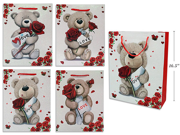 Matte w/Glitter LOVE Bear Giftbag - Jumbo. PP Handle. 4 Asst.Styles. J-hook.