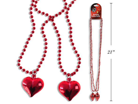 2pk 33.5in Vtine Beaded Necklace w/Heart Pendant. 6mm Beads. Heart Size: 1.75in. h/c.