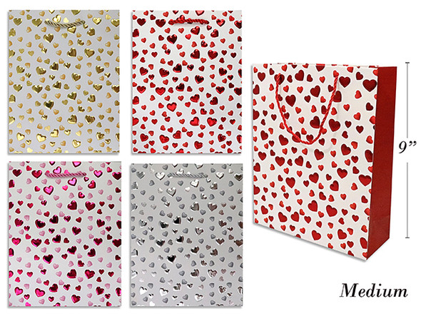 Matte w/Foil + Emboss Heart Giftbag - Medium. PP Handle. 4 Asst.Colours. J-hook.