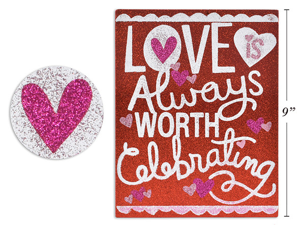 9in(H) x 7in(W) V'tine Glitter MDF Hanging Wall Plaque. English Only