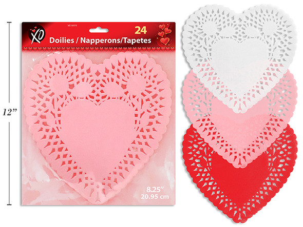 24ct 8.25in x 8.25in Heart Shaped Paper Doilies. 3 Asst.Colours. Polybag w/Backer Card.