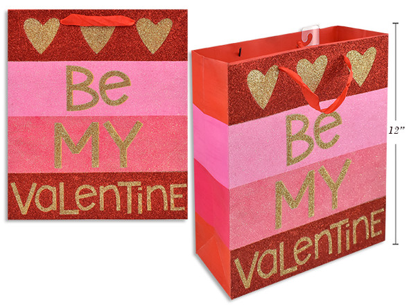 Matte Full Glitter BE MY VALENTINE Giftbag - Medium. Satin Handle. J-hook.
