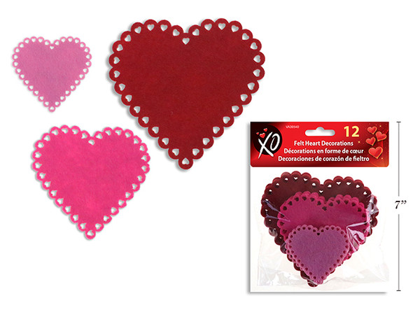 Hearts (Die-cut Felt) 3 Asst.Sizes + 3 Colors 12ct.