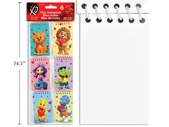 6pk 20-Sheets Vtine Mini Notebook. 3 Asst./Pack. Size: 2.125in x 3.5in. Pbh.