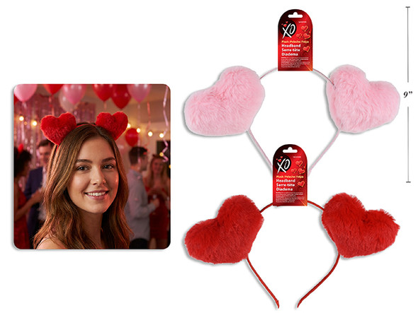 7.75in V'tine Plush Heart Headband. 2 Cols: Red / Pink. Wrap Header.