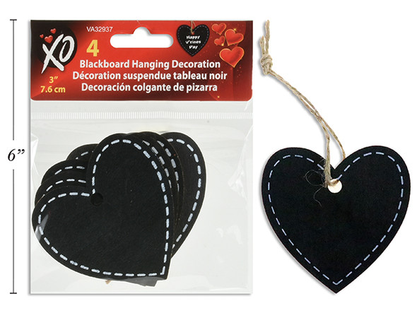 4pk 3in V'tine Die-Cut Blackboard Heart Hanging Decor w/Jute String. Pbh.