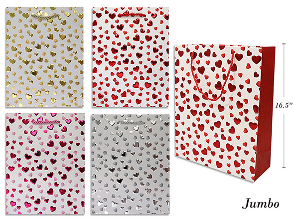 Gift Bags Hearts Matte w/Foil-Jumbo (Paper Handle) 4 Colors