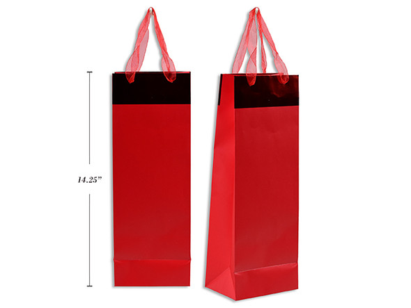 Gift Bags Red w/Metallic Foil Border & Organza Ribbon Handle-Bottle